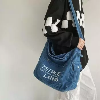 Модная джинсовая холщовая сумка с буквенным принтом, повседневная холщовая сумка через плечо для женщин, студенческая сумка через плечо большой вместимости для женщин темно-синий