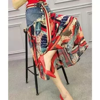 Модная джинсовая и шифоновая юбка в стиле пэчворк для женщин, элегантная юбка-миди А-силуэта S красный