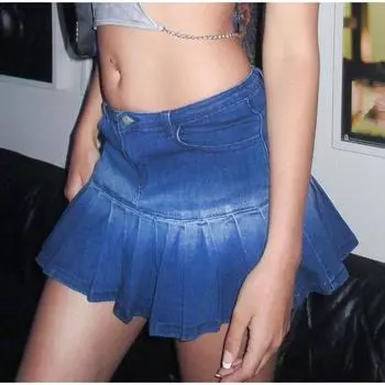 Модная джинсовая плиссированная юбка женская с высокой талией на пуговицах с карманами-молниями и оборками А-силуэта сексуальные мини-юбки женские 2025 весна-лето женская юбка S темно-синий
