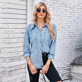 Модная джинсовая рубашка с длинными рукавами в стиле ретро с острым воротником для женщин S светло-синий