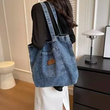 Модная джинсовая сумка через плечо, универсальная сумка для покупок, женская универсальная сумка темно-синий