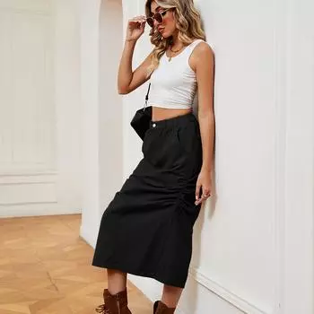 Модная джинсовая юбка с эластичной резинкой на талии и шнурком S чёрный