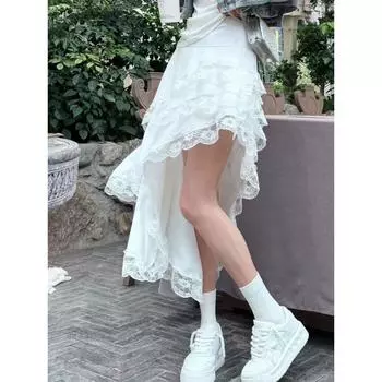 Модная европейская эластичная талия асимметричное кружево-кейк White L