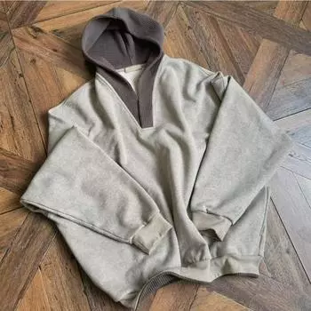 Модная европейская и американская серая флисовая толстовка с капюшоном для мужчин, осенне-зимняя, тяжелая пряжа, дизайн сращивания, теплая и нишевая повседневная куртка Y2K M серый
