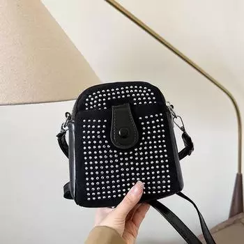 Модная фактурная сумка для мобильного телефона с бриллиантами, женская, весна 2024, новая корейская версия, универсальная сумка для мелочей, сумка-мессенджер чёрный