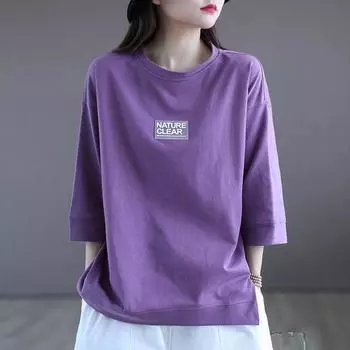 Модная фиолетовая футболка с рукавом три четверти, женская рубашка с короткими рукавами, повседневные свободные топы больших размеров для женщин на весну и лето XXXL белый