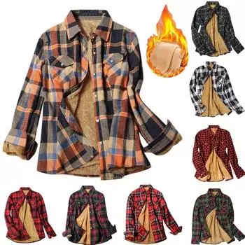Модная флисовая рубашка в клетку с принтом для дам, зимняя куртка с лацканами на пуговицах, карманное женское пальто L армия зеленый