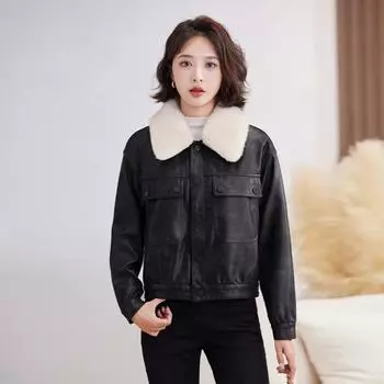 Модная флисовая утолщенная кожаная куртка женская зимняя новая ретро мотоциклетная кожаная куртка короткий топ M чёрный