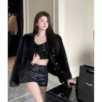 Модная французская дочка, золотая меховая куртка с длинными рукавами, женская осенне-зимняя, новая свободная, темпераментная, кардиган-топ S чёрный