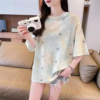 Модная футболка большого размера, летняя женская корейская графическая печать, свободные повседневные длинные футболки, топы Y2k, уличная одежда в стиле Харадзюку в стиле хип-хоп M синий