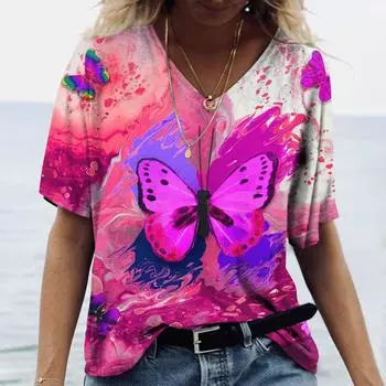 Модная футболка для женщин, праздничные 3D футболки для девочек, футболки с принтом бабочек, летняя женская повседневная одежда с коротким рукавом и V-образным вырезом в стиле Харадзюку S