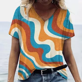 Модная футболка для женщин с градиентным v-образным вырезом и коротким рукавом, базовые топы с принтом, уличная одежда, летняя женская одежда больших размеров L
