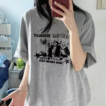 Модная футболка оверсайз с персонализированным принтом и графическим рисунком с короткими рукавами, женская летняя уличная футболка Y2k в стиле хип-хоп с котом, топ с половиной рукавов M серый