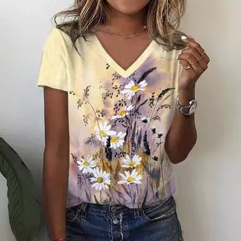 Модная футболка с 3D принтом подсолнечника и цветочным принтом, летние женские футболки с v-образным вырезом в стиле Харадзюку, уличная одежда больших размеров, футболки Y2k, верхняя женская одежда S