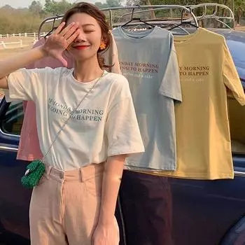 Модная футболка с буквенным принтом, белая, розовая, синяя, желтая женская футболка Y2k 2024, летние футболки Harajuku с короткими рукавами, корейский повседневный топ, уличная одежда большого размера, женская M жёлтый
