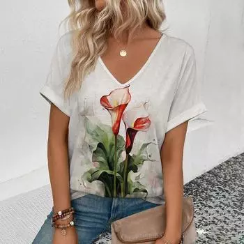 Модная футболка с цветочным принтом 3D, женская уличная одежда, летние повседневные футболки, топы Y2k, женские футболки Harajuku с V-образным вырезом, свободная одежда M
