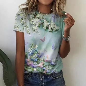 Модная футболка с цветочным принтом и 3D принтом Y2K, одежда с круглым вырезом, женская одежда с круглым вырезом и короткими рукавами, женские топы, одежда оверсайз M