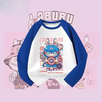 Модная футболка с длинным рукавом для девочек Labubu, Детская повседневная футболка с длинным рукавом из чистого хлопка 100