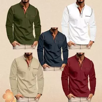 Модная футболка с длинным рукавом Henry Neck для мужчин, повседневные мужские футболки, высококачественные мужские топы, классическая одежда, мужские спортивные футболки-поло S белый