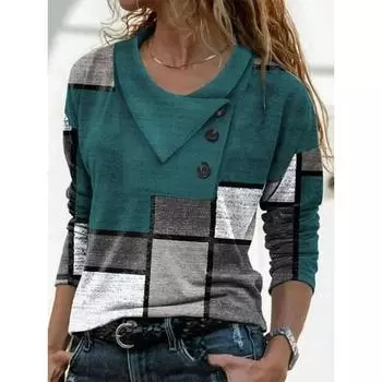 Модная футболка с геометрическим принтом, женские повседневные осенние топы на пуговицах с длинным рукавом XS озеро синий