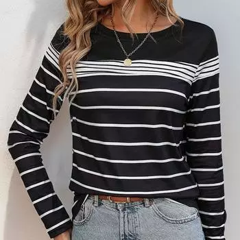 Модная футболка с круглым вырезом и длинным рукавом для женщин, новая осенняя свободная повседневная полосатая футболка, женские топы, зимняя облегающая элегантная футболка 24738 S чёрный
