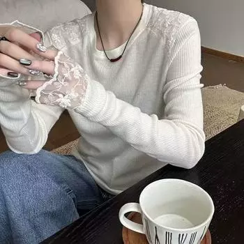 Модная футболка с круглым вырезом и длинным рукавом, с кружевом на манжетах, новый элегантный повседневный свитер, тонкий узкий низ рубашки, верхняя одежда 2554 One Size белый