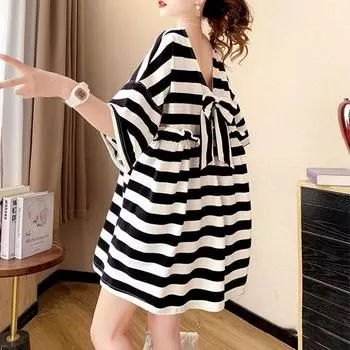 Модная футболка с круглым вырезом, свободная, с оборками и бантом, с открытой спиной, женская одежда, летние свободные топы, повседневная футболка XXXXL чёрный