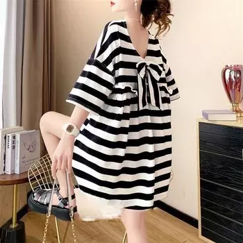 Модная футболка с круглым вырезом, свободная, с полосатыми оборками и бантом на спине, летняя, свободного покроя, корейская, повседневная футболка XXXXL чёрный