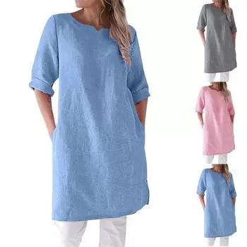 Модная футболка с круглым вырезом, свободные удобные повседневные однотонные платья трапециевидной формы с семью рукавами L серый