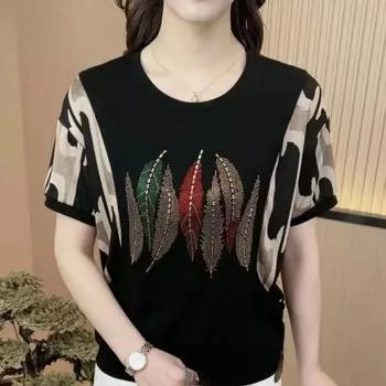 Модная футболка с перьями и стразами, с короткими рукавами, женская летняя, большого размера, свободная, для мам среднего возраста, с принтом 6XL