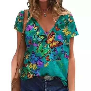 Модная футболка с принтом бабочки 3D, женские футболки, футболки большого размера с V-образным вырезом, женские топы, летняя уличная одежда Harajuku Y2k, одежда S