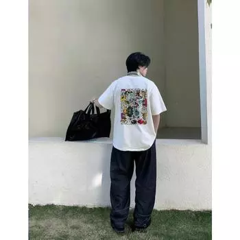 Модная футболка с принтом граффити на всю спину, повседневная свободная футболка из чистого хлопка для мужчин и женщин, футболка для пар, спортивная футболка для фитнеса с коротким рукавом S