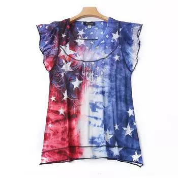 Модная футболка с принтом и бриллиантами Blue Red M