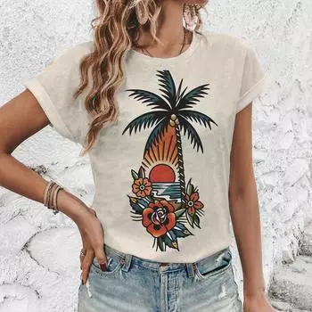 Модная футболка с принтом в гавайском стиле, новая летняя дышащая свободная футболка с круглым вырезом, высококачественная удобная повседневная женская футболка S