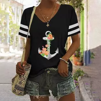 Модная футболка с принтом «Якорь» с V-образным вырезом и короткими рукавами в полоску. Летние трендовые женские футболки. Повседневная свободная женская одежда. Топы. S