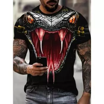 Модная футболка с принтом змеи 3D для мужчин, забавный рисунок животных, свободная футболка 2025 года, летняя одежда в стиле хип-хоп, повседневные топы с круглым вырезом S