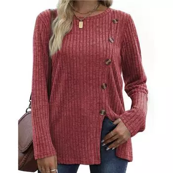 Модная футболка с пуговицами для женщин, новая модная осенняя повседневная однотонная футболка с длинными рукавами, женский топ S