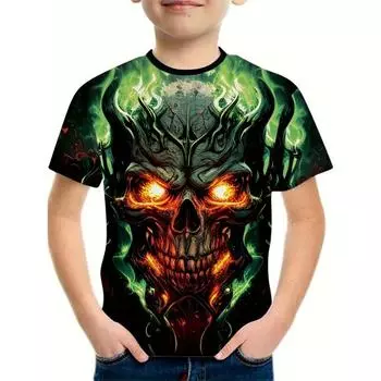 Модная футболка с рисунком скелета для мальчиков в формате 3D - Крутой топ с круглым вырезом для стильных летних дней - Удобная повседневная одежда 100