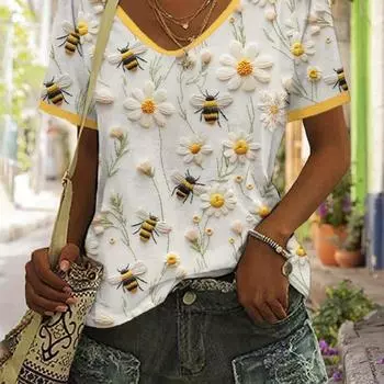 Модная футболка с V-образным вырезом и принтом пчелы — легкая и удобная, повседневная футболка с коротким рукавом для весны и лета — базовая вещь в женском гардеробе S