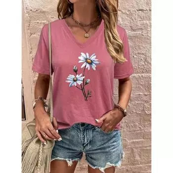 Модная футболка с V-образным вырезом и 3D-принтом - легкая и дышащая летняя повседневная одежда Модные женские футболки S