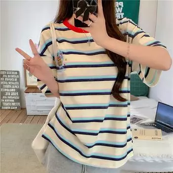 Модная футболка с вышивкой в виде мультяшного медведя, повседневная, свободная, летняя, 2025, футболки в полоску с коротким рукавом для женщин, harajuku, Kawaii, забавная студенческая футболка, топы y2k M синий