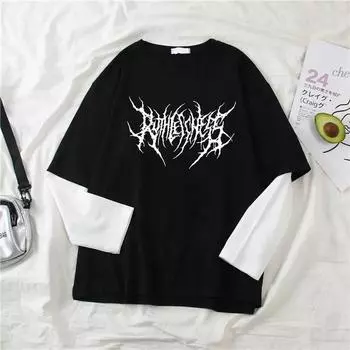 Модная футболка в стиле панк в темном стиле с принтом и круглым вырезом Y2K Sport Harajuku, тонкий мужской и женский топ, футболка с длинными рукавами