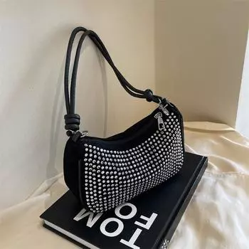 Модная горячая сумка-подмышка с бриллиантами для женщин 2024 года, новая повседневная осенняя сумка в иностранном стиле с текстурой и яркой отделкой чёрный