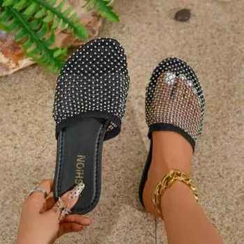 Модная горячая женская обувь 2024 года, новые роскошные женские туфли с круглым носком и бриллиантами, женские сандалии с эластичными сетчатыми носками, тапочки 36 золотой