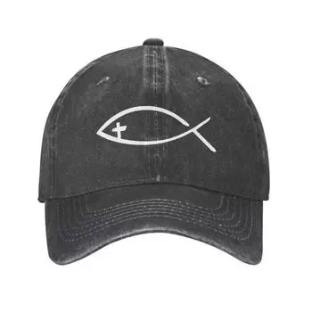 Модная хлопковая бейсболка с изображением Иисуса и рыбы, унисекс, персонализированная регулируемая бейсболка для взрослых, шляпа христианина Христа, папы, весна Adult Baseball Cap