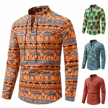 Модная хлопковая льняная рубашка с длинным рукавом и принтом, пляжный топ для йоги L синий