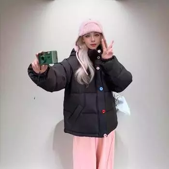 Модная хлопковая одежда для женщин 2024 года, короткая, цветная, бархатная, с капюшоном, воротником-стойкой, куртка для хлеба, прилив S [Recommended below 50kg] чёрный
