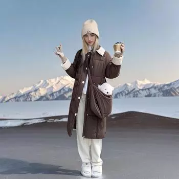 Модная хлопковая одежда с отворотом, средняя и длинная, женская зимняя корейская свободная куртка с подкладкой из хлопка в тон L [Recommended below 57.5 kg] чёрный