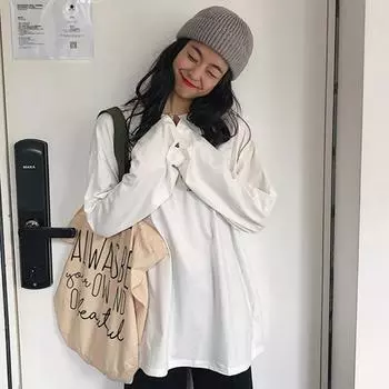 Модная хлопковая однотонная свободная повседневная футболка с длинным рукавом для женщин, весна и осень, женская футболка больших размеров, элегантная простая женская футболка с круглым вырезом 25899 S белый