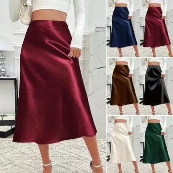 Модная и элегантная атласная юбка средней длины с облегающим кроем S бордовый